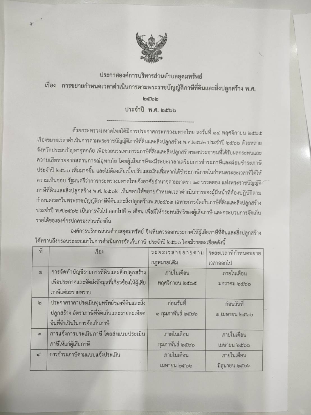 ประกาศองค์การบริหารส่วนตำบลอุดมทรัพย์ เรื่อง การขยายกำหนดเวลาดำเนินการตามพระราชบัญญัติภาษีที่ดินและสิ่งปลูกสร้าง พ.ศ.2562 ประจำปี พ.ศ.2566